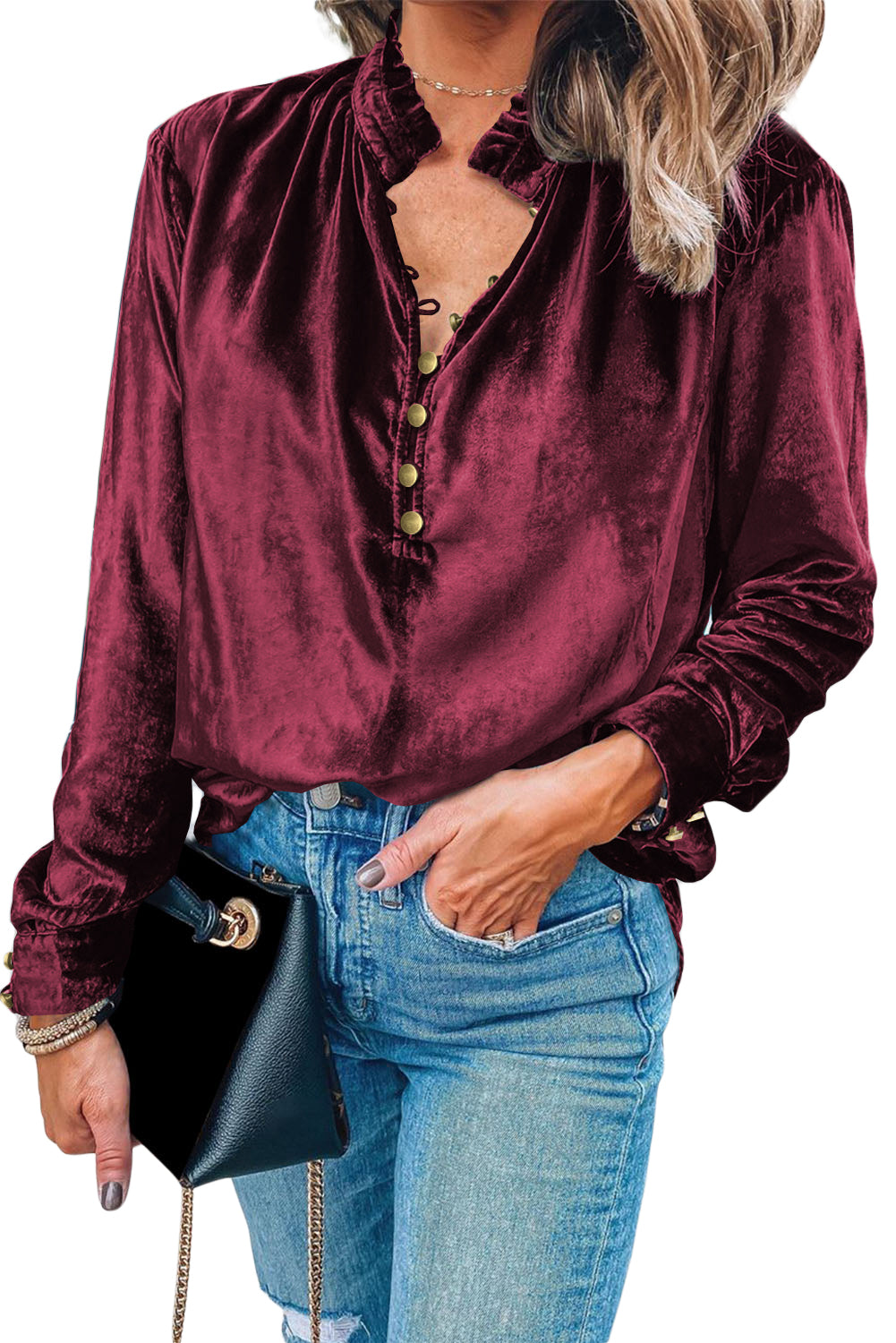 Frilled Buttoned V Neck Velvet Blouse