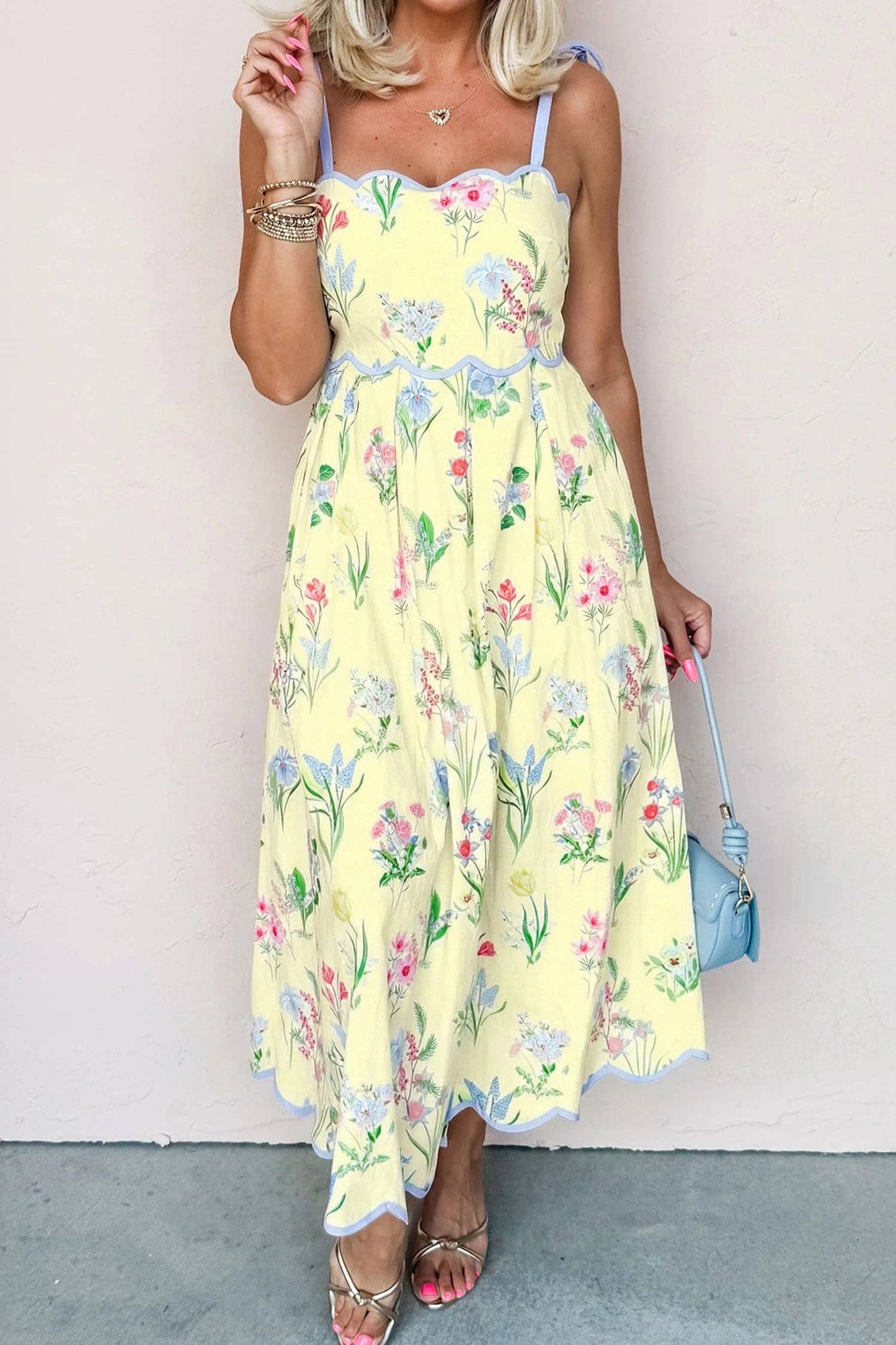 Beige Floral Print Contrast Trim Self-tie Straps Midi Dress