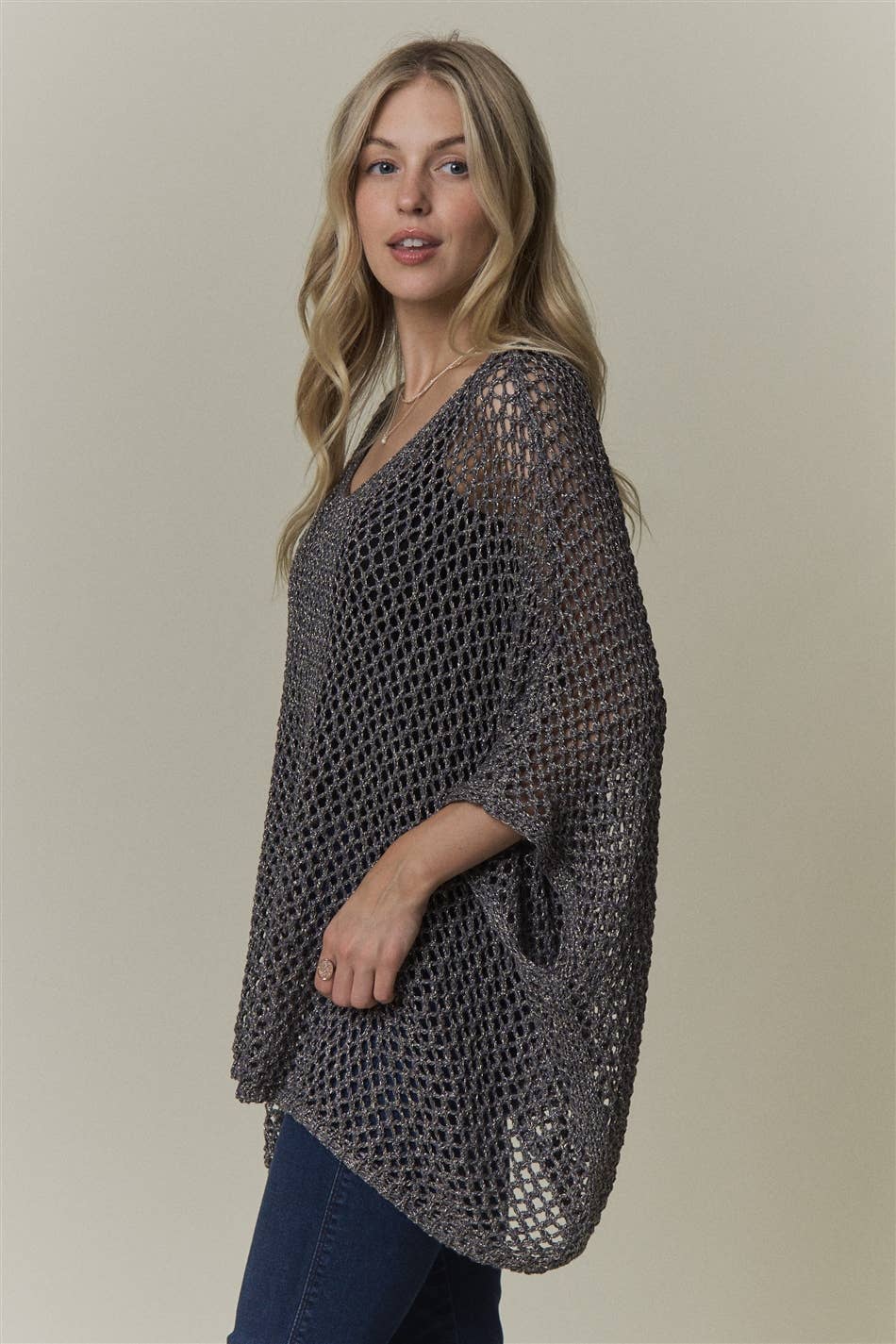 OPEN-KNIT PONCHO SWEATER TOP- CESW4486