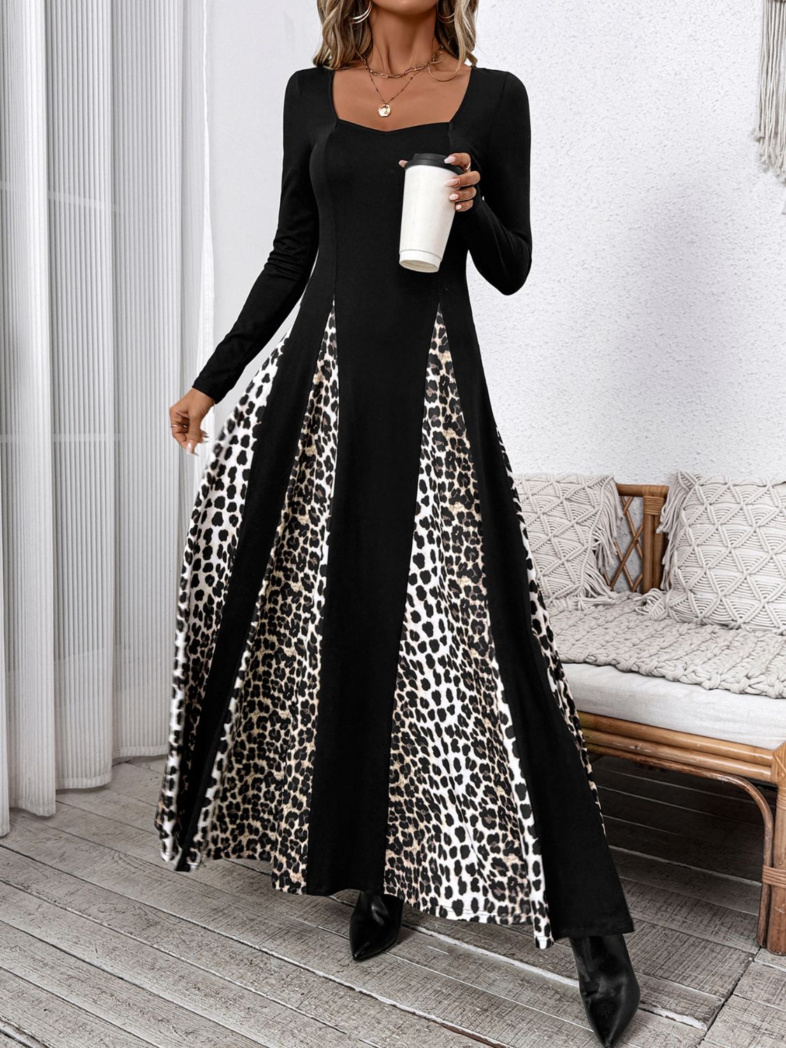 Square Neck Long Sleeve Maxi Dress