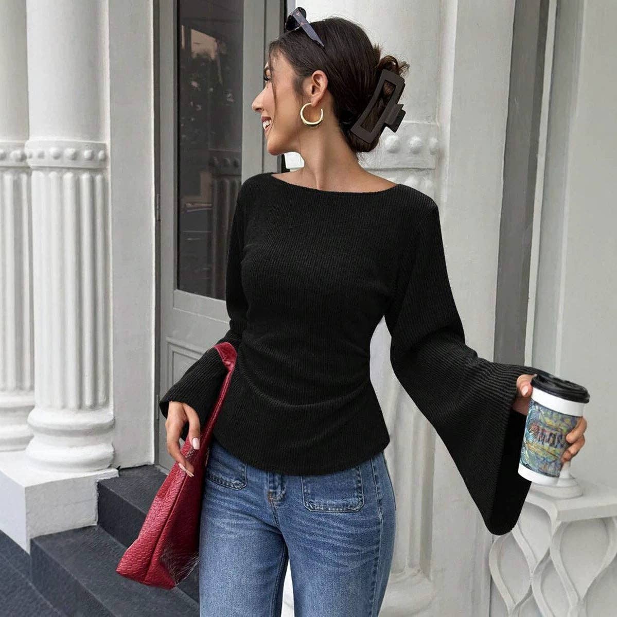 Slim Fit Bell Sleeve Ribbed Knit Top Casual Chic Women's Wear