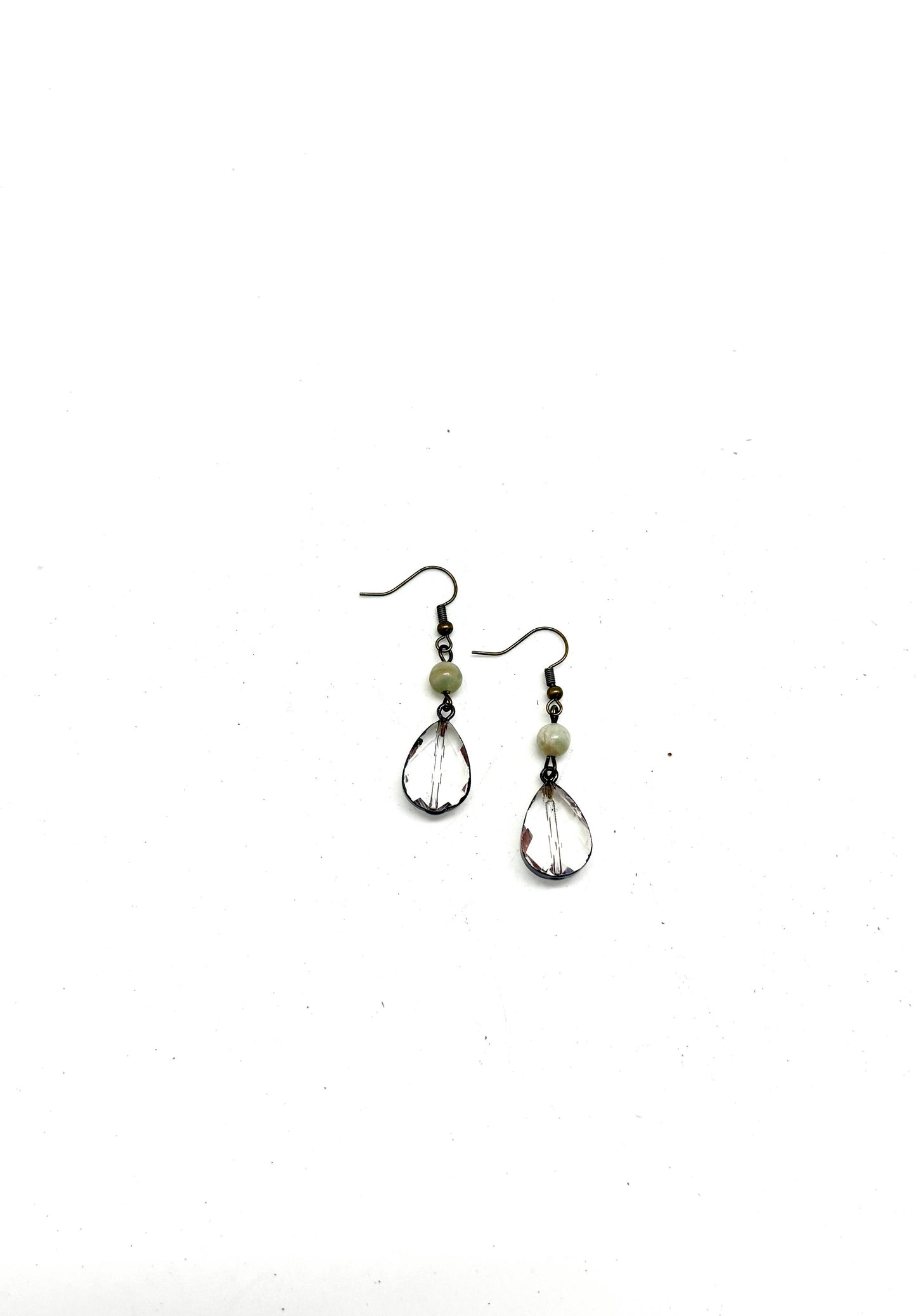 Earring Amazonite Bead w/Teardrop Beveled Glass Antique Gold