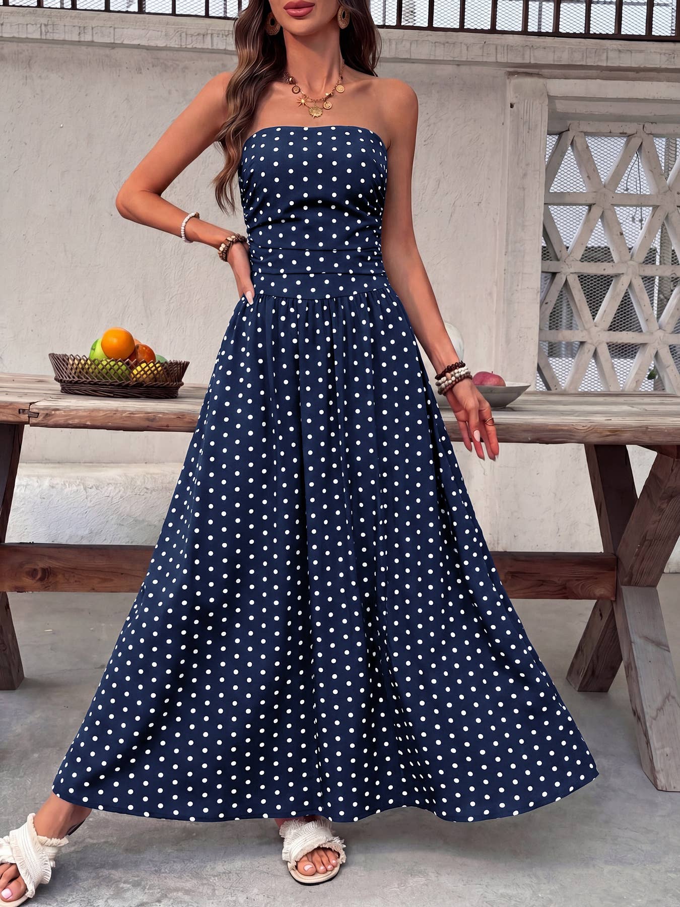 Polka Dot Strapless Maxi Dress Resort Vacation Sundress