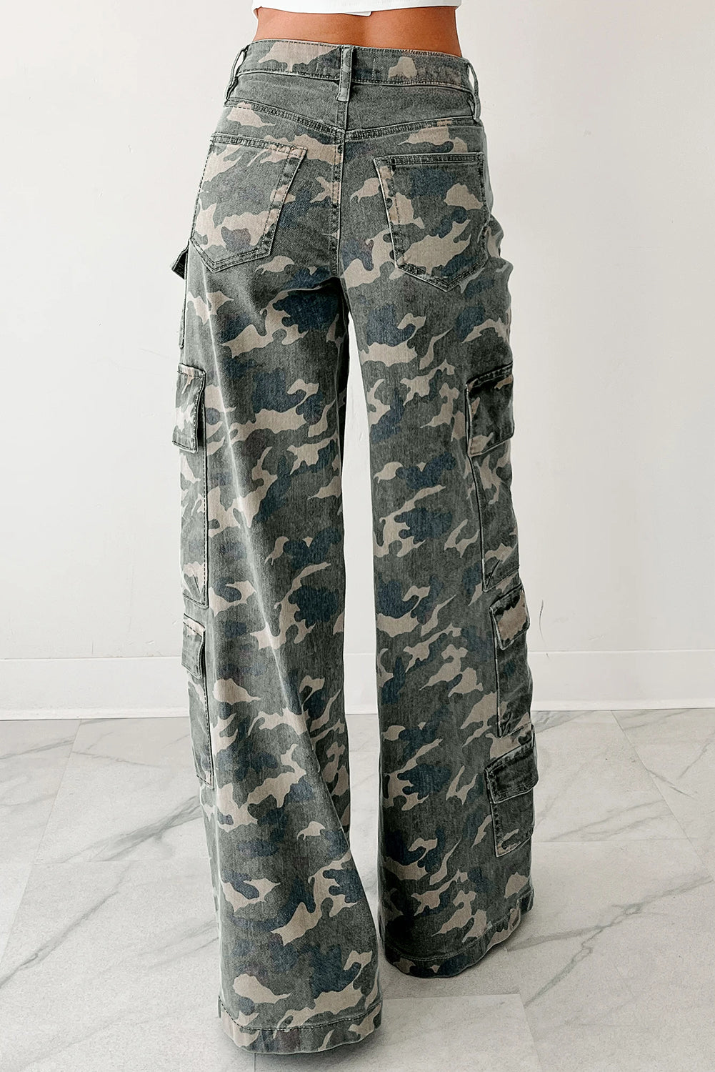 Green Camo Multi Pocket Cargo Wide Leg Jeans
