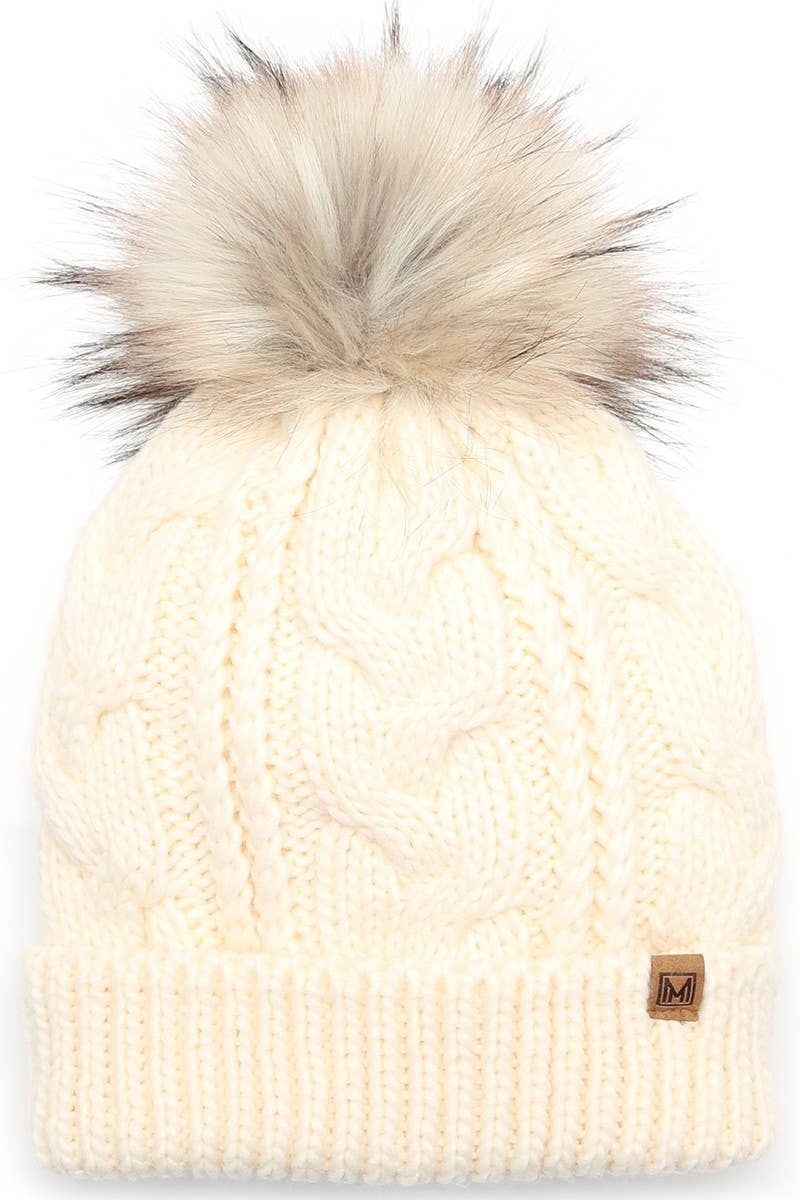 Women's Faux Fur Pom Beanie Hat with Sherpa Lining