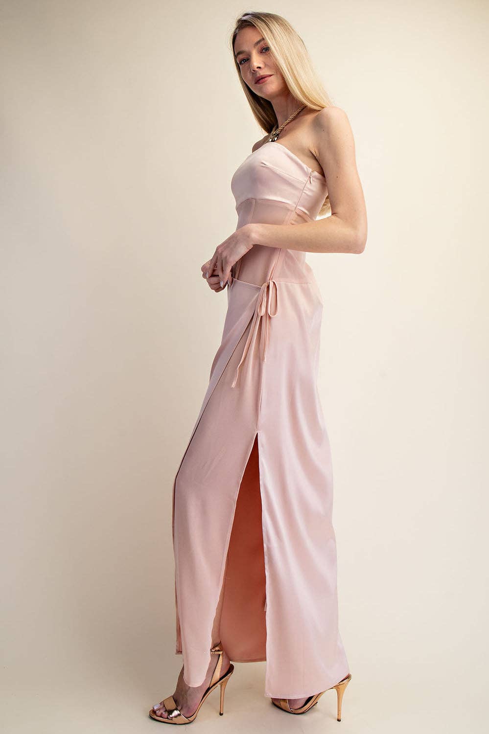 Strapless Satin Wrap Maxi Dress with Side Slit