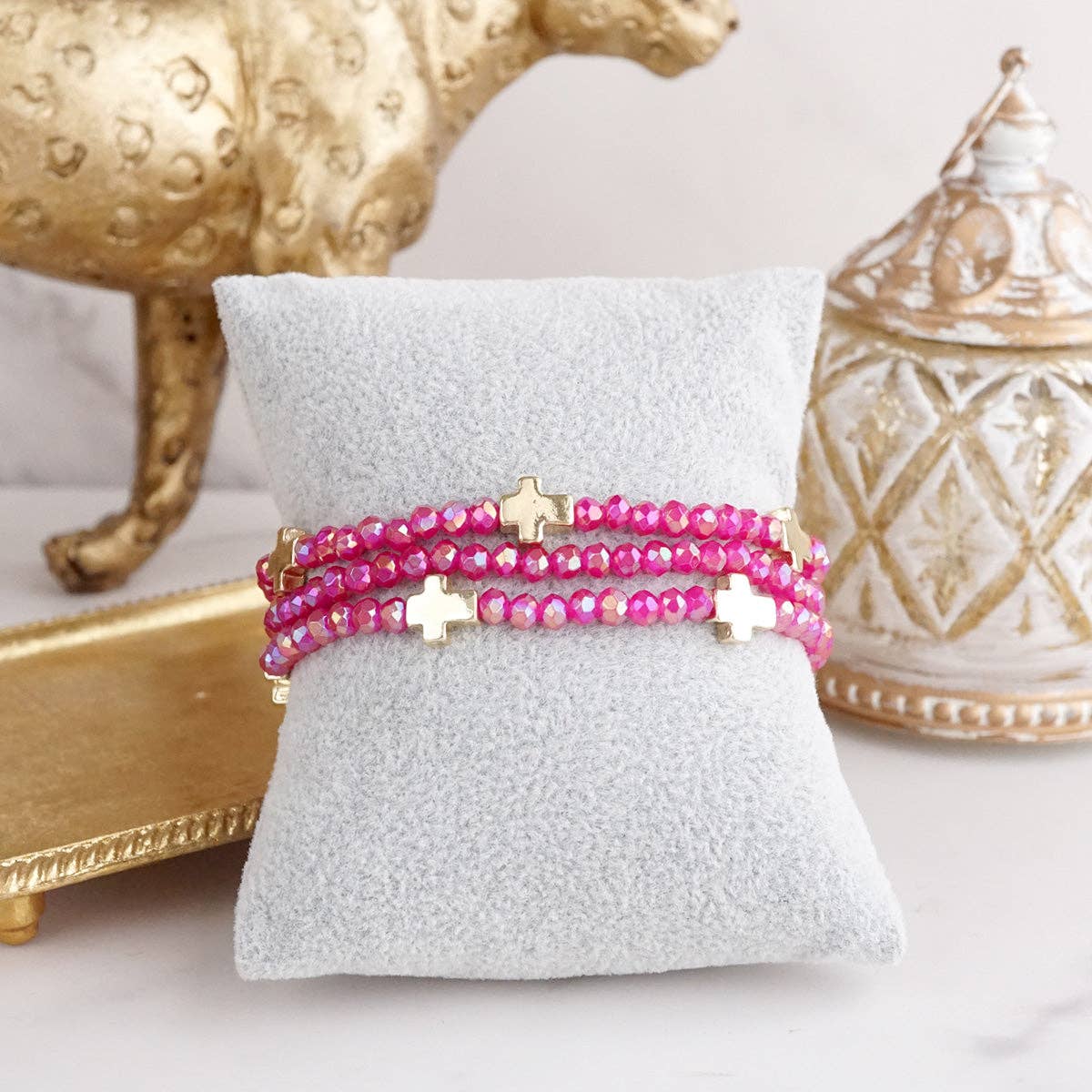 Mini Sideways Cross Bracelet stack Glass and gold metal beads