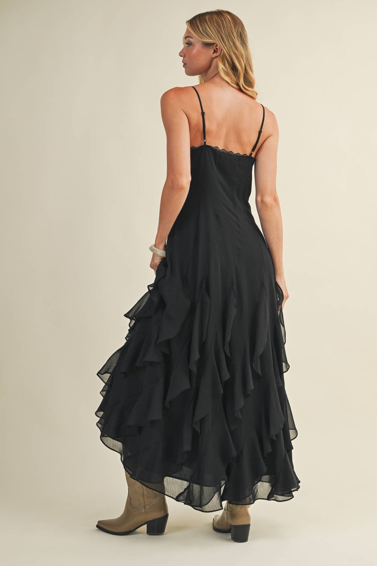 Lace V-Neck Cascading Ruffle Dress
