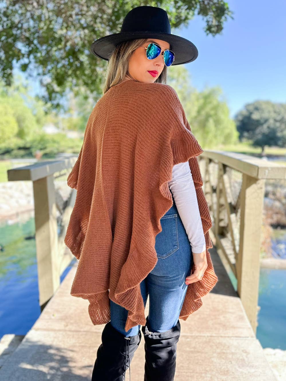 Soft Brown Ruffle Detail Open Front Lightweight Ruana Shawl