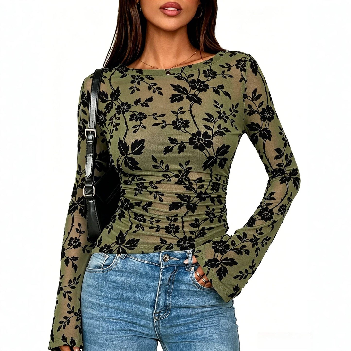 Floral Mesh Top Boutique Bell Sleeve Ruched Fitted Blouse