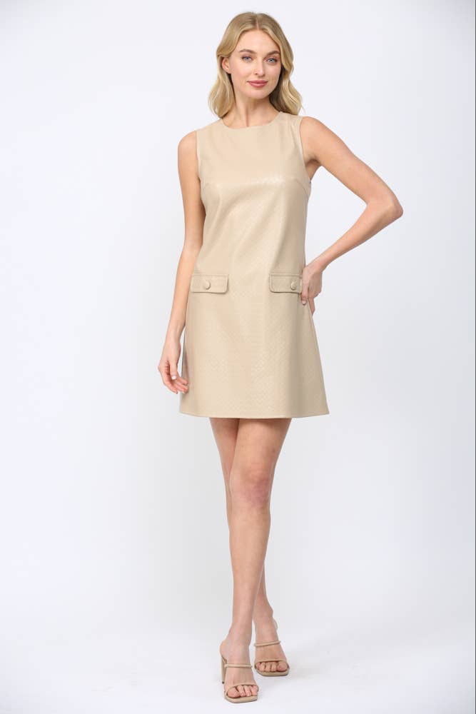 BASKETWEAVE PATTERN FAUX LEATHER SLVL DRESS