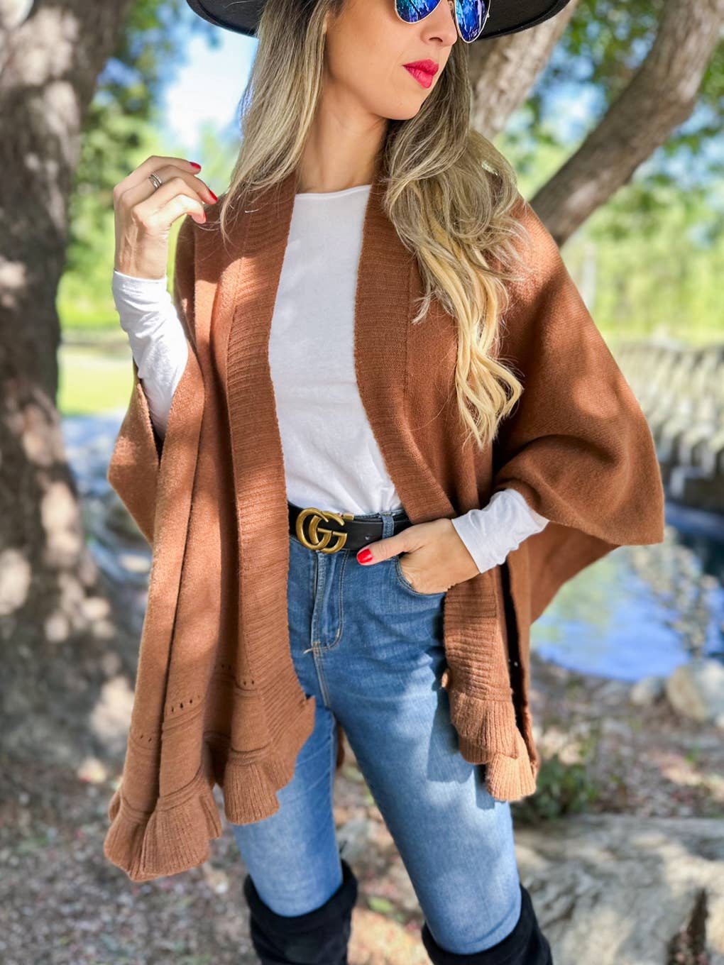 Elegant Brown Ruffled Knit Cape Shawl Ruana