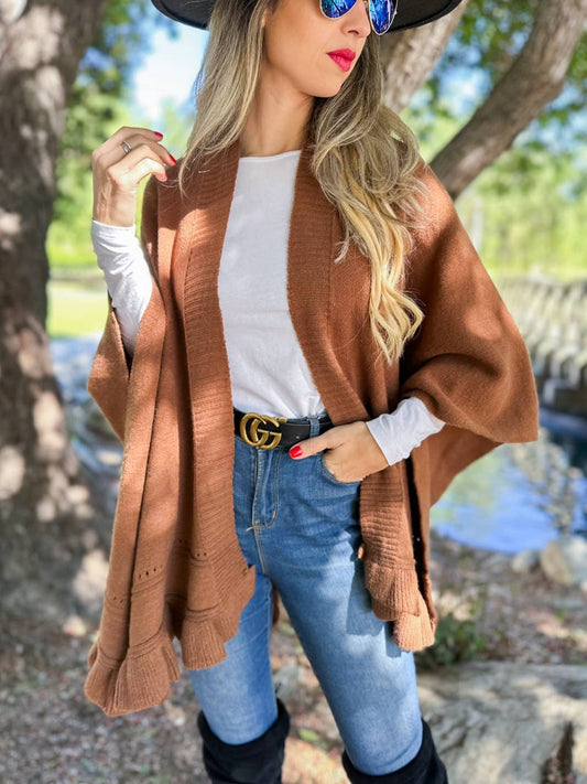 Elegant Brown Ruffled Knit Cape Shawl Ruana