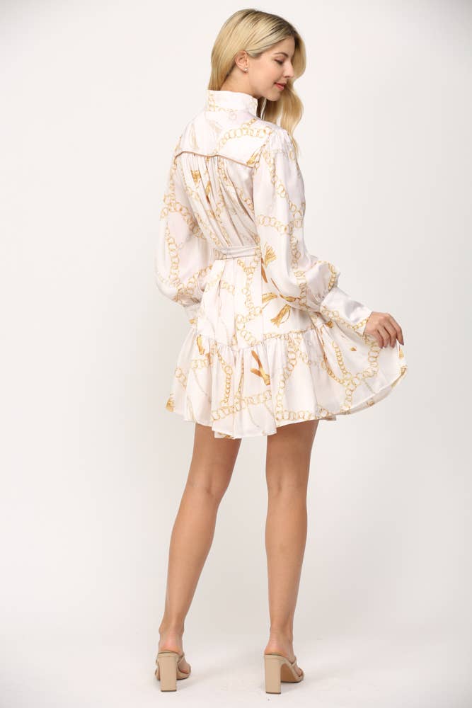 CHAIN PRINT SATIN STAND COLLAR TIE WAIST DRESS FD30321