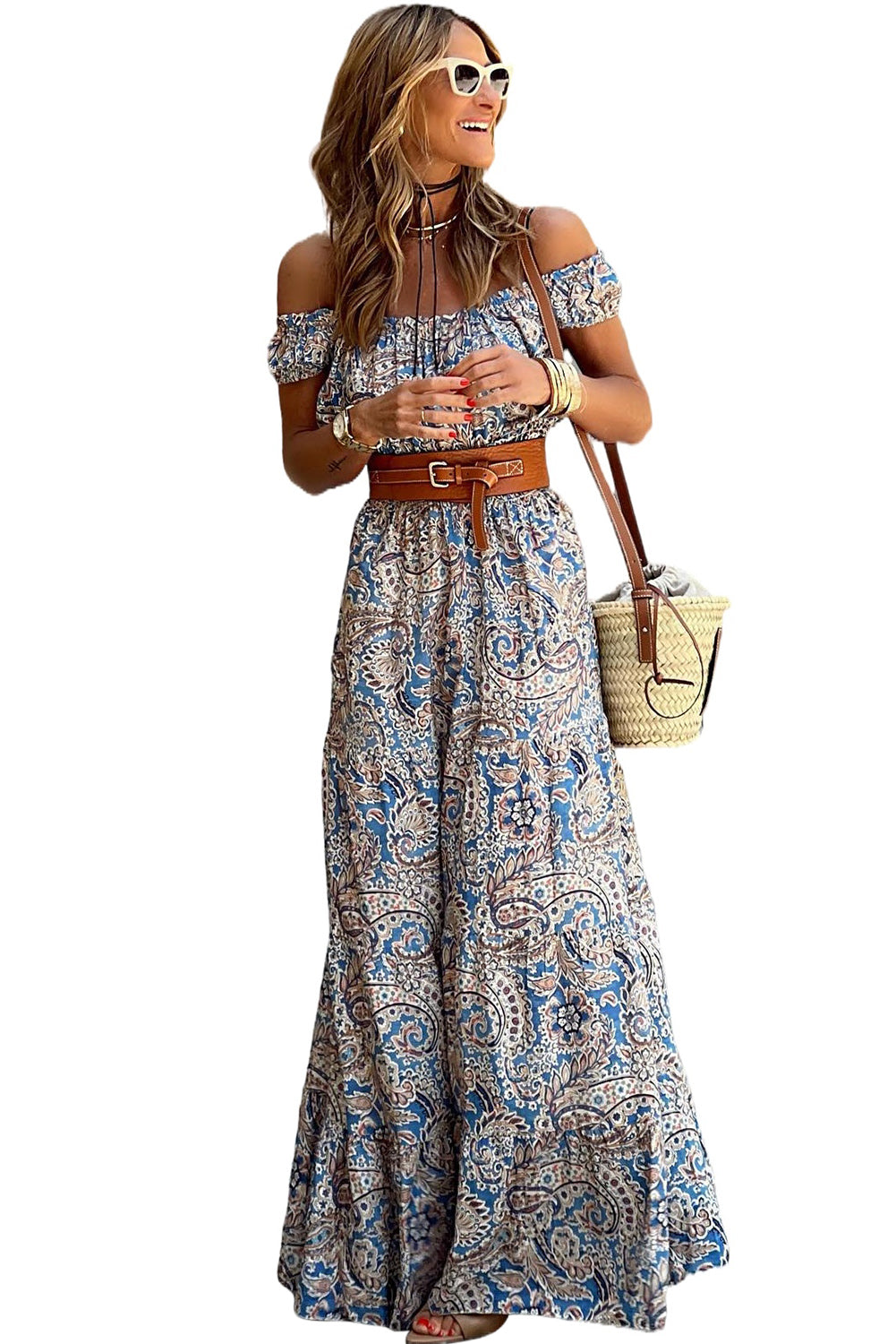 Paisley Print Off Shoulder Maxi Dress