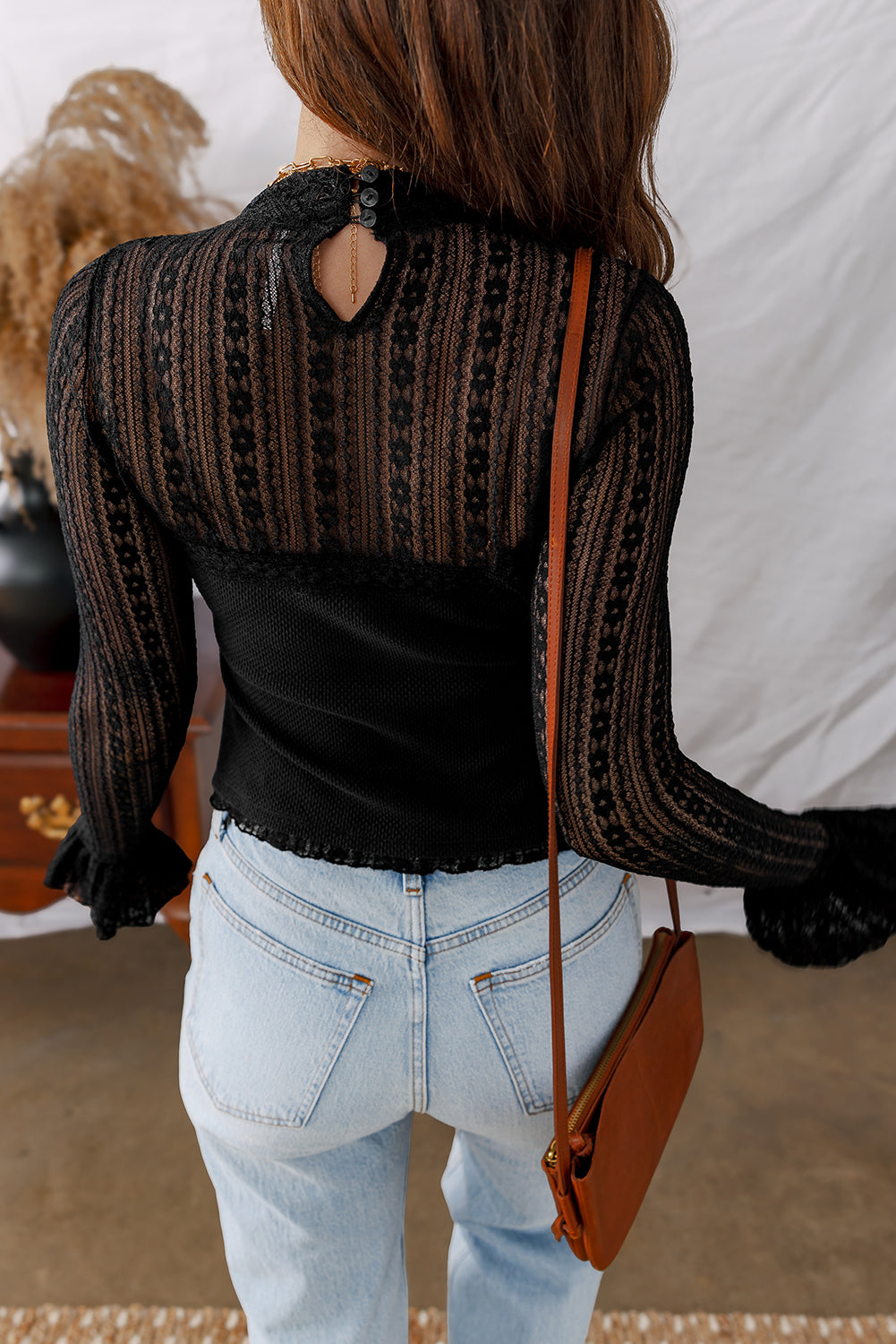 Black Floral Lace Patchwork Flounce Sleeve Slim Fit Top