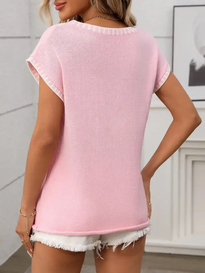 V Neck Cape Sleeve Knit Top Lightweight Summer Sweater