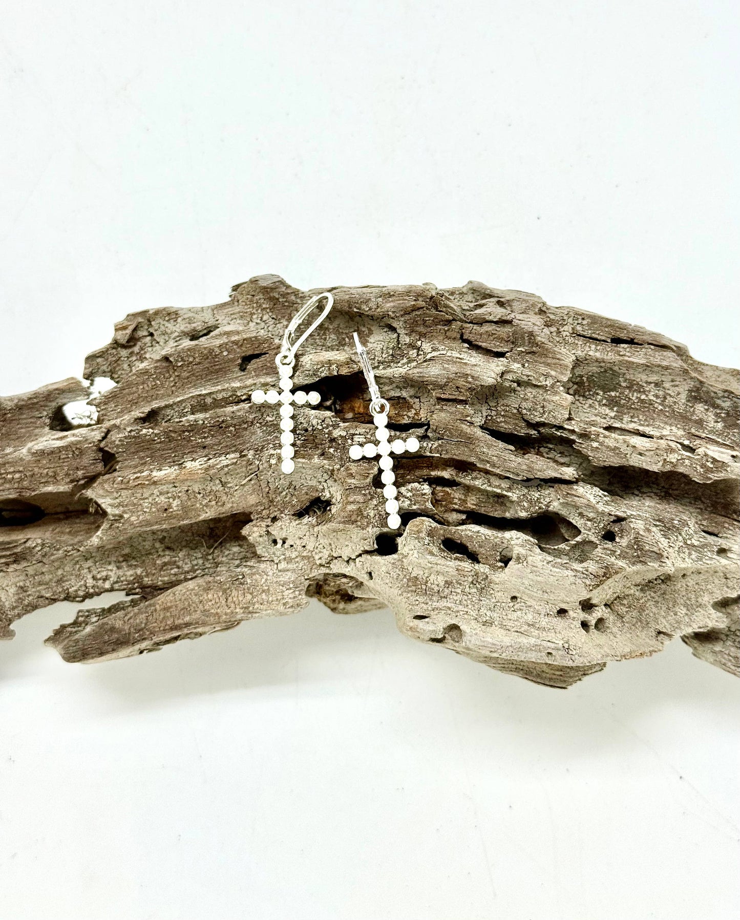 Earring Alloy Plated Pearl Glass Cross Drop w/Silver Hook