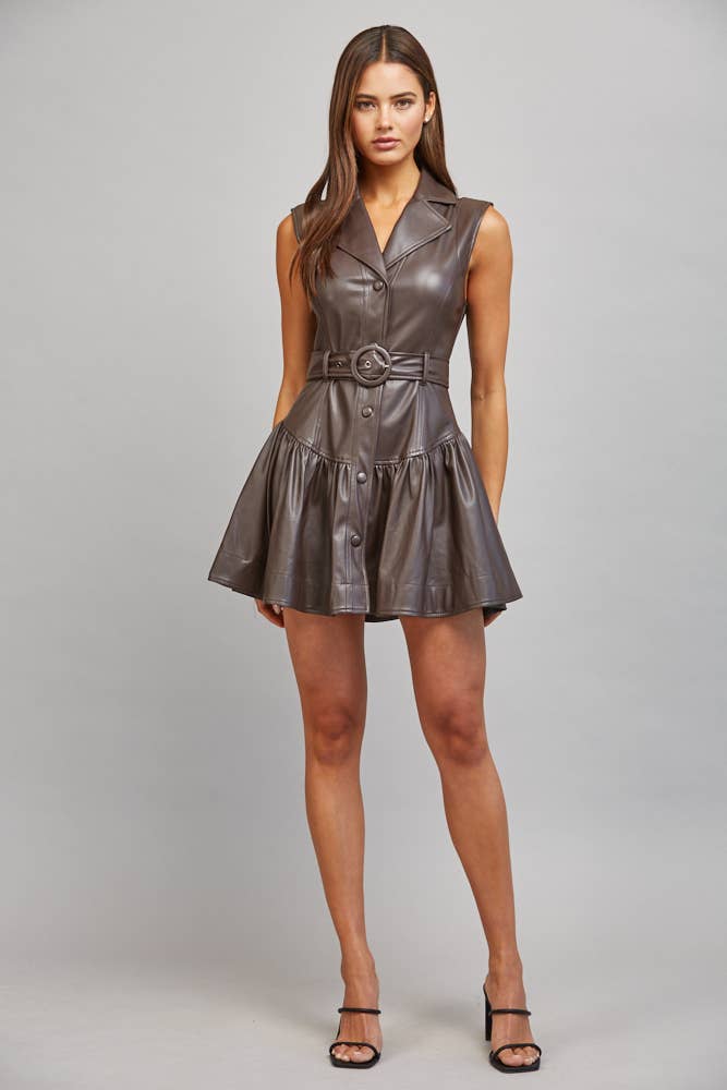 FAUX LEATHER BELTED DROP WAIST DRESS