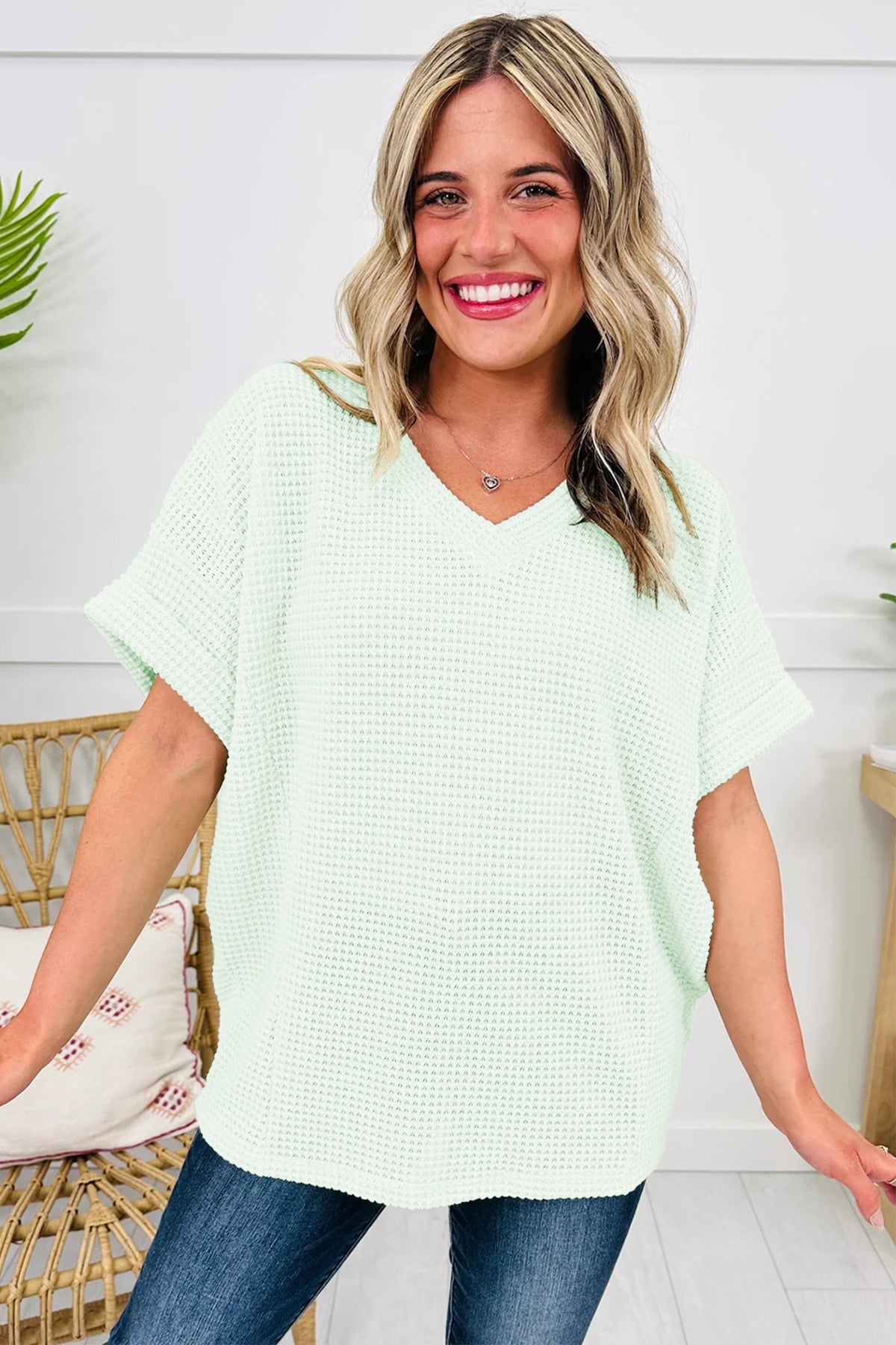 Grapefruit Orange Waffle V Neck Short Sleeve Knit Top