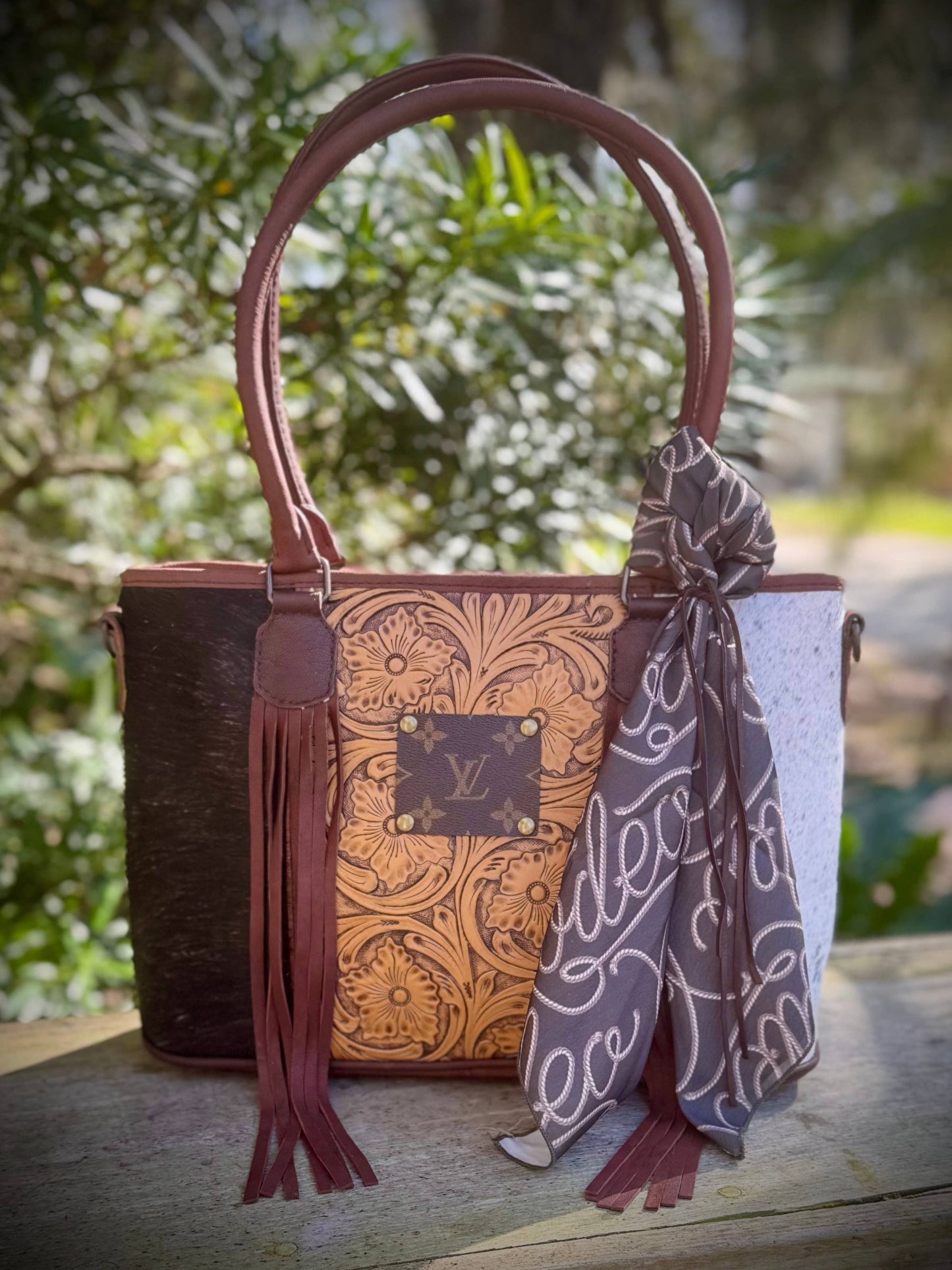 Upcycled LV Cowhide Leather Tote Handbag Western Rodeo NFR 