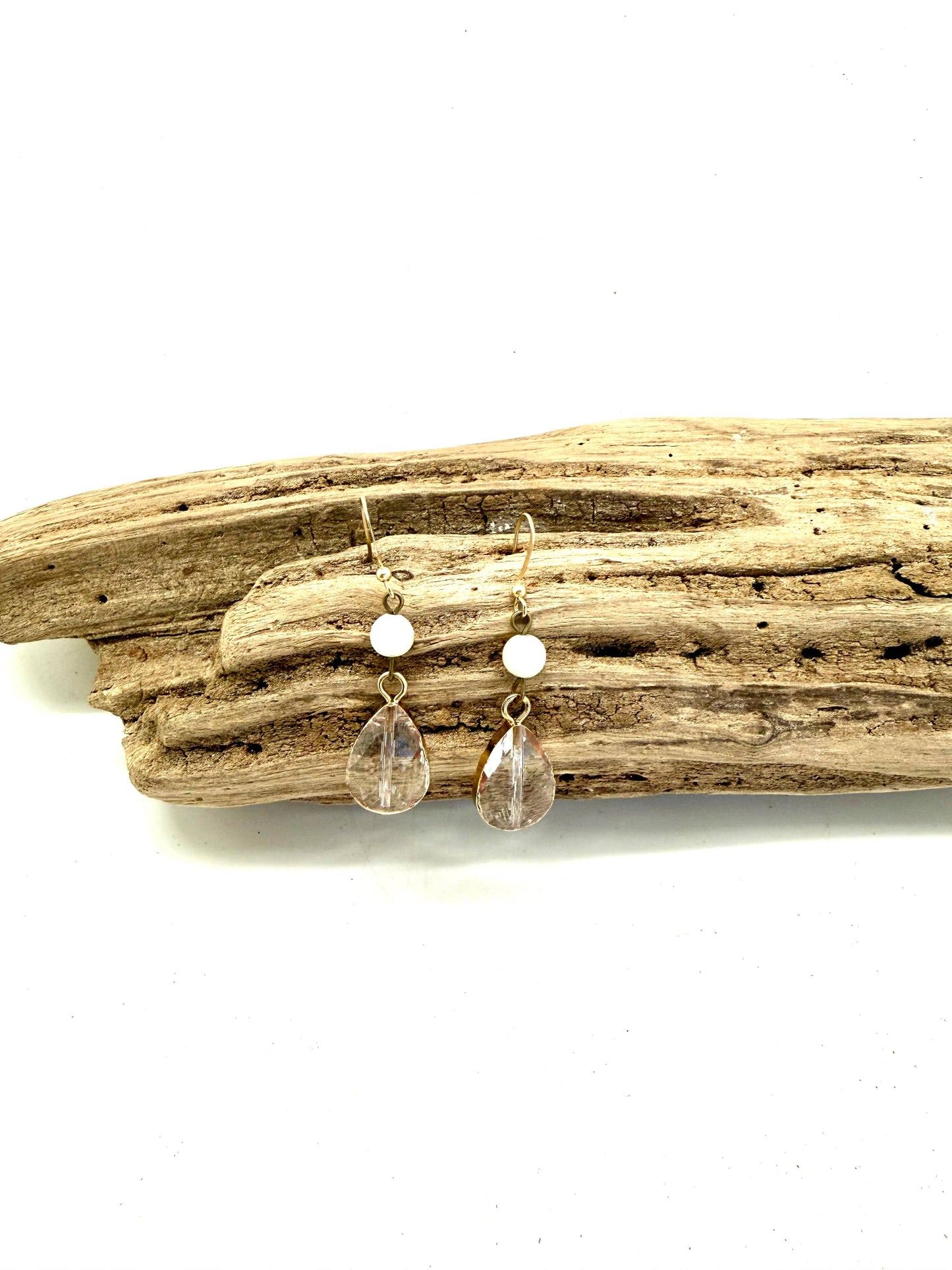 Earring Amazonite Bead with Teardrop Beveled Glass Gold