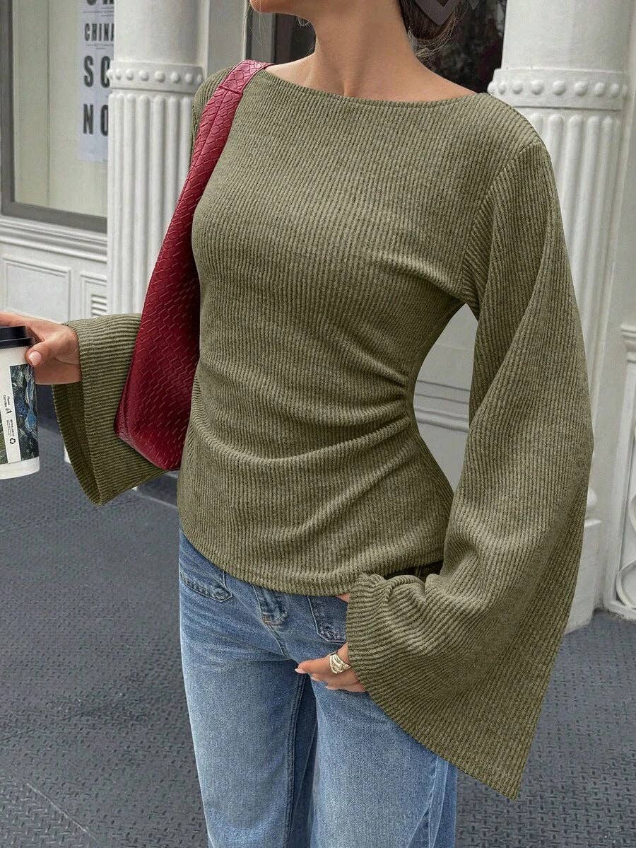 Slim Fit Bell Sleeve Ribbed Knit Top Casual Chic Women's Wear