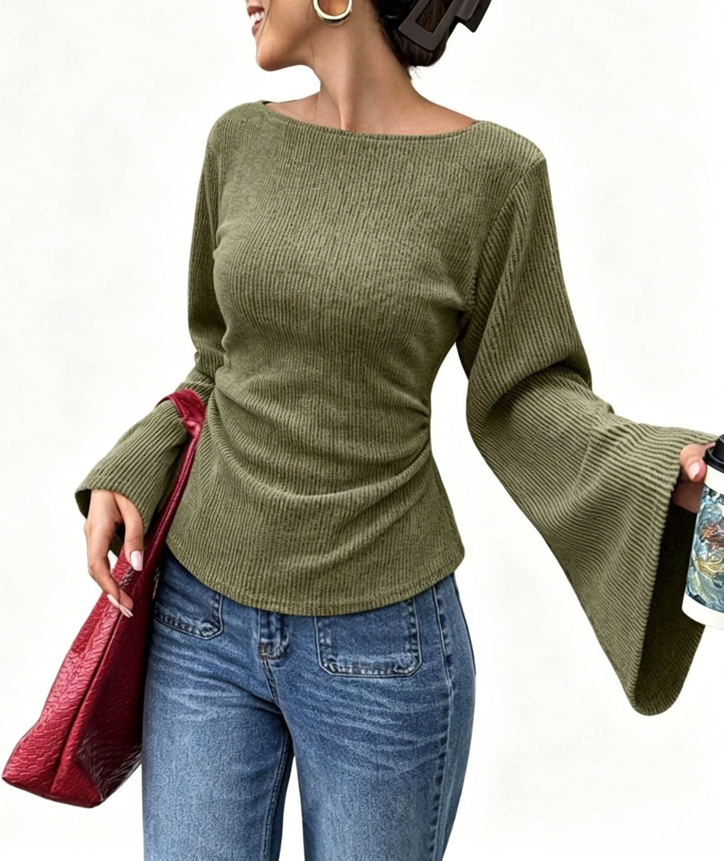 Slim Fit Bell Sleeve Ribbed Knit Top Casual Chic Women's Wear