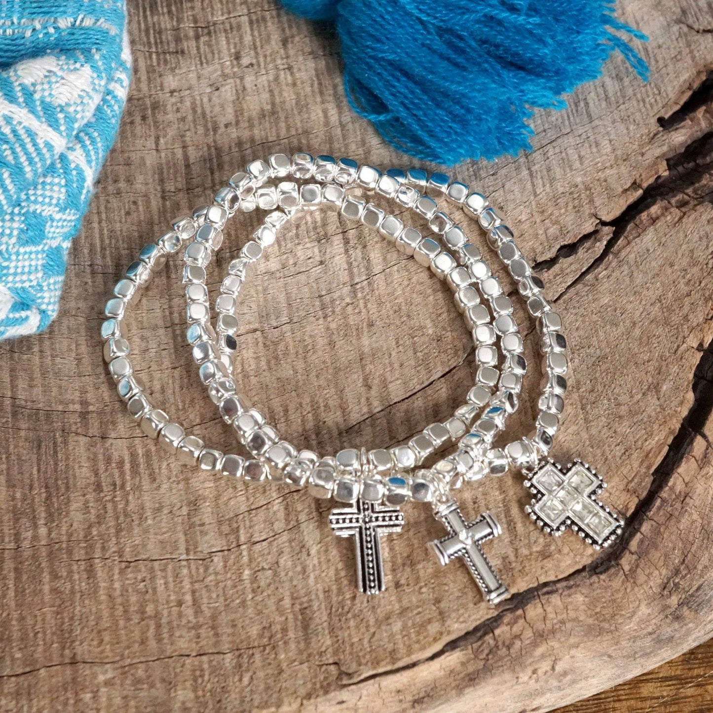 Cross stretchy western style bracelet set - Silver Gold tone