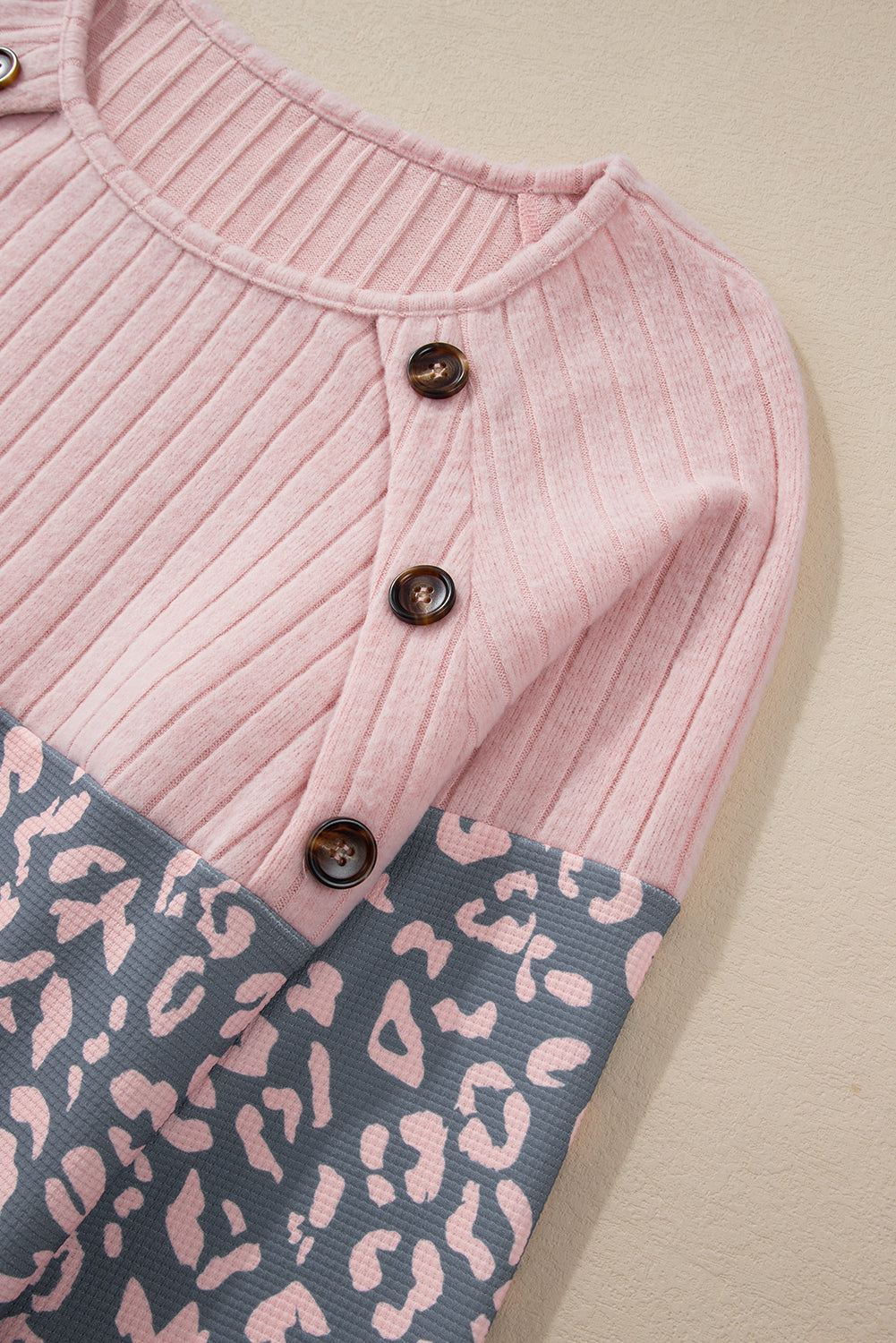 Pink Patchwork Button Decor Round Neck Top