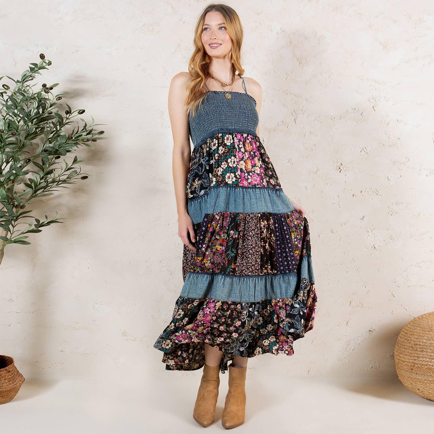 Artisan Pearl Maxi Dress Smocked Bodice Aari Embroidery