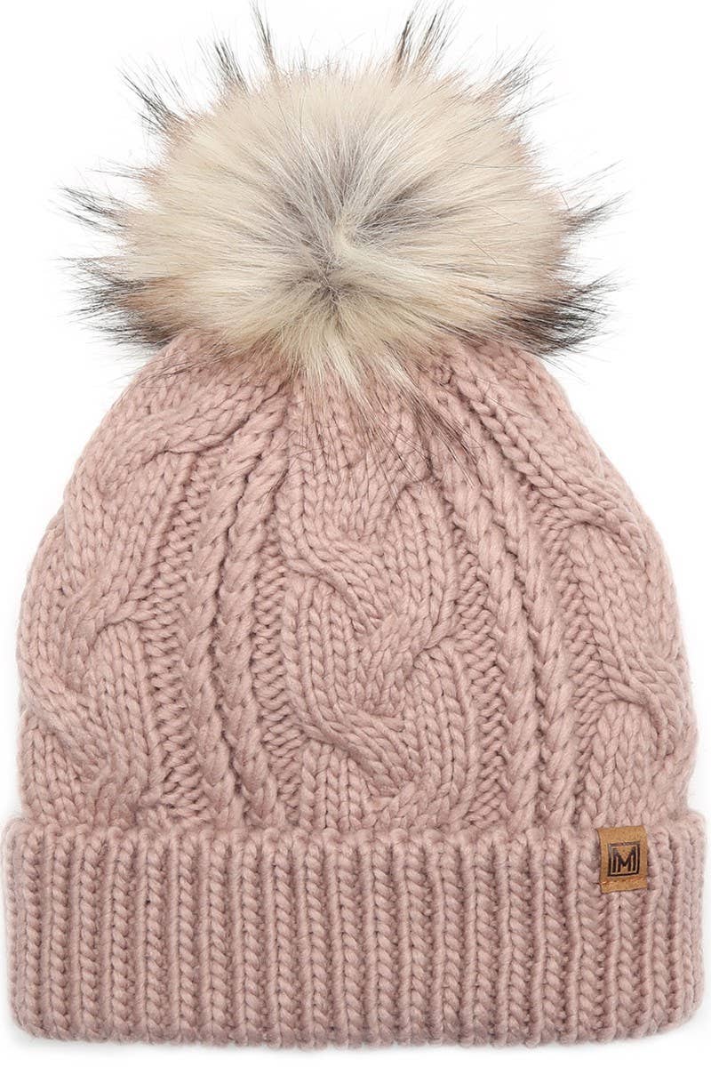 Women's Faux Fur Pom Beanie Hat with Sherpa Lining