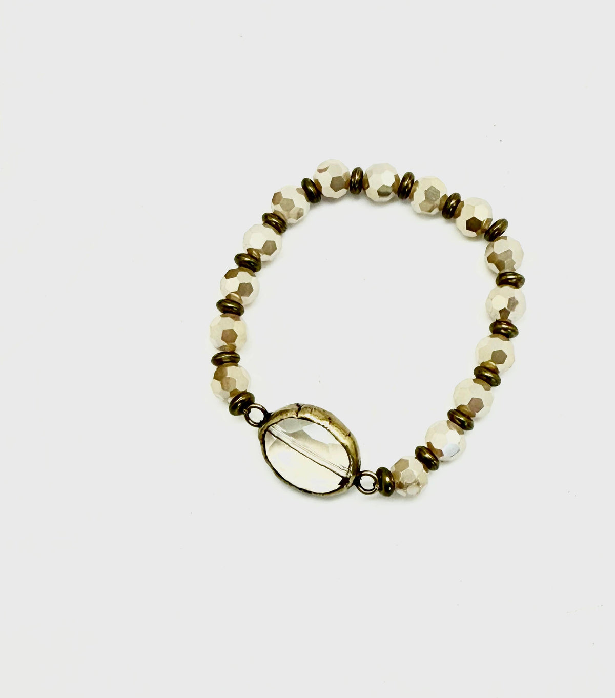 Bracelet Stretch Cut CreamGlass(8mm)w/Beveled Glass Ctr.7”