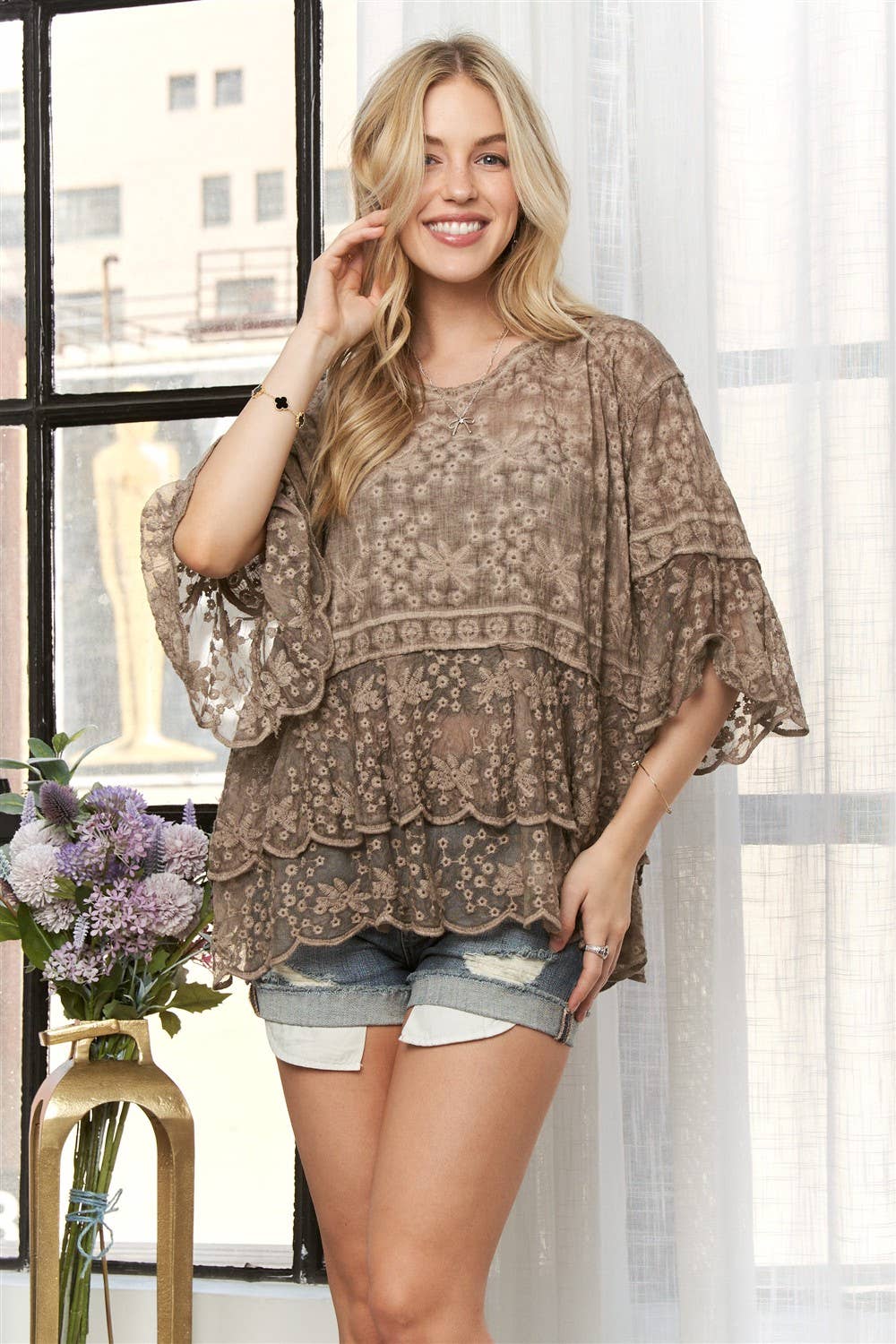 BELL SLEEVES LACE BLOUSE SCALLOP EDGE - CET3907