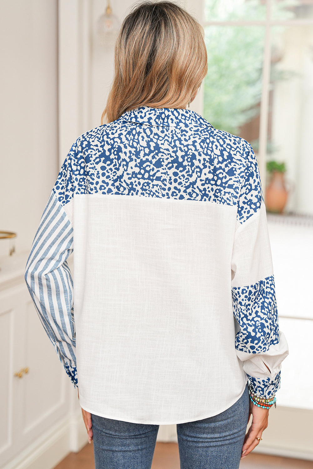 Pink Leopard Striped Patchwork Button-up Shirt Shacket