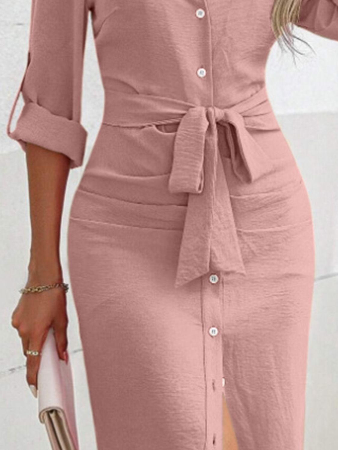 Button Up Collared Neck Roll-Tab Sleeve Dress