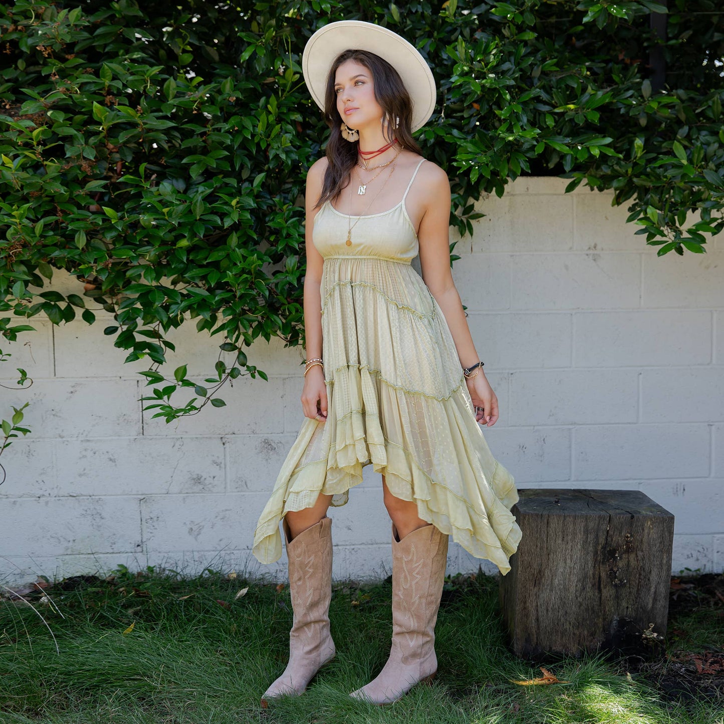 Boho Midi Dress with Ruched Bodice & Asymmetric Tiers