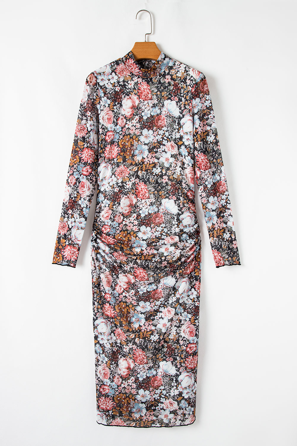 Brown Floral Allover Print Mock Neck Bodycon Midi Dress