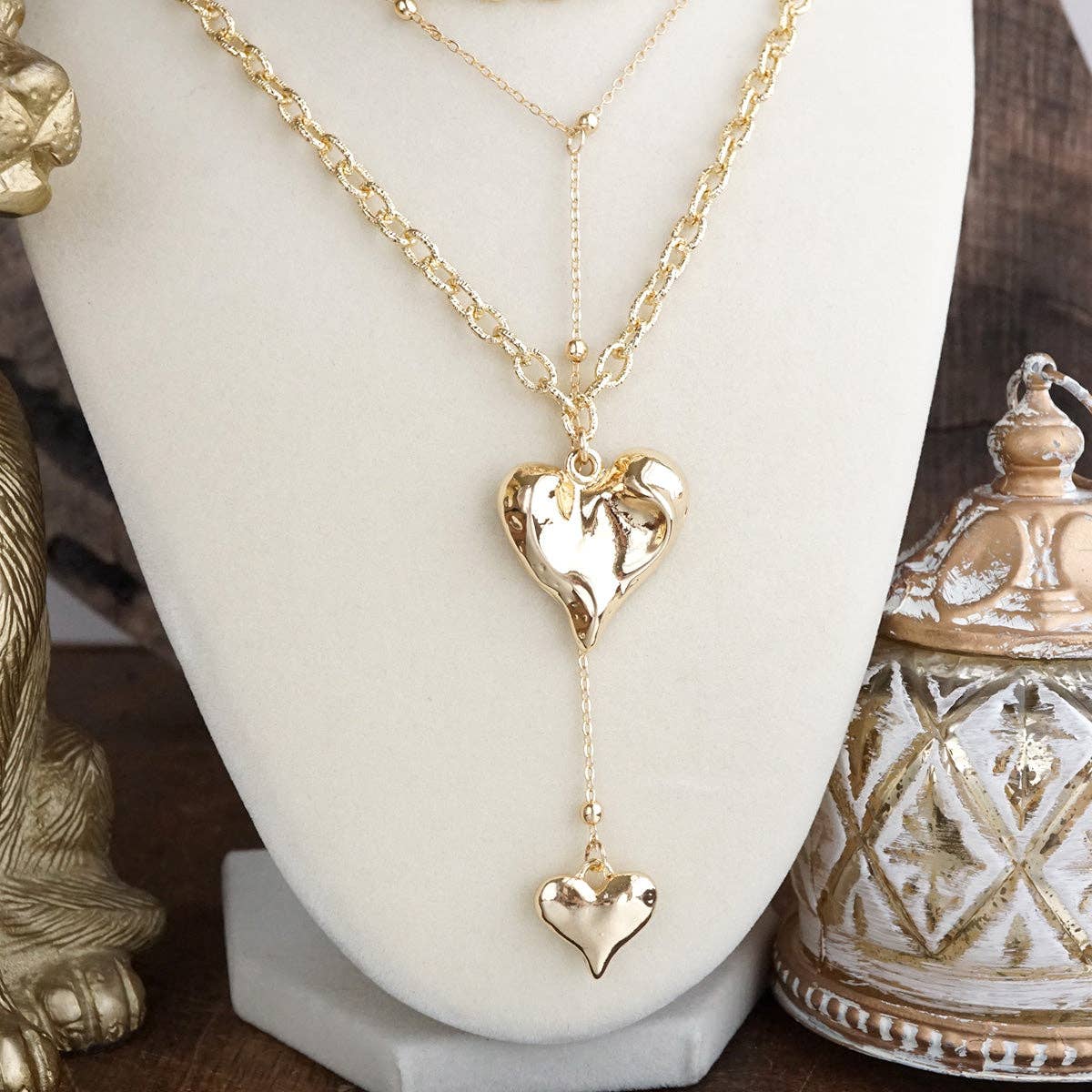 Flutter & Glow – Puffy Heart Lariat Layered Necklace in Gold