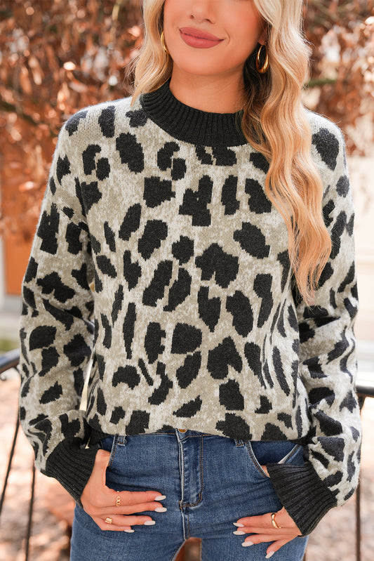 Carbon Grey Leopard Pattern Contrast Trim Round Neck Sweater