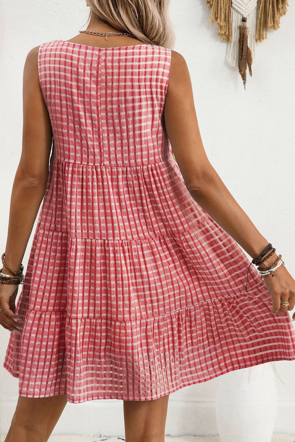 Pink Gingham High Waist Sleeveless Mini Dress