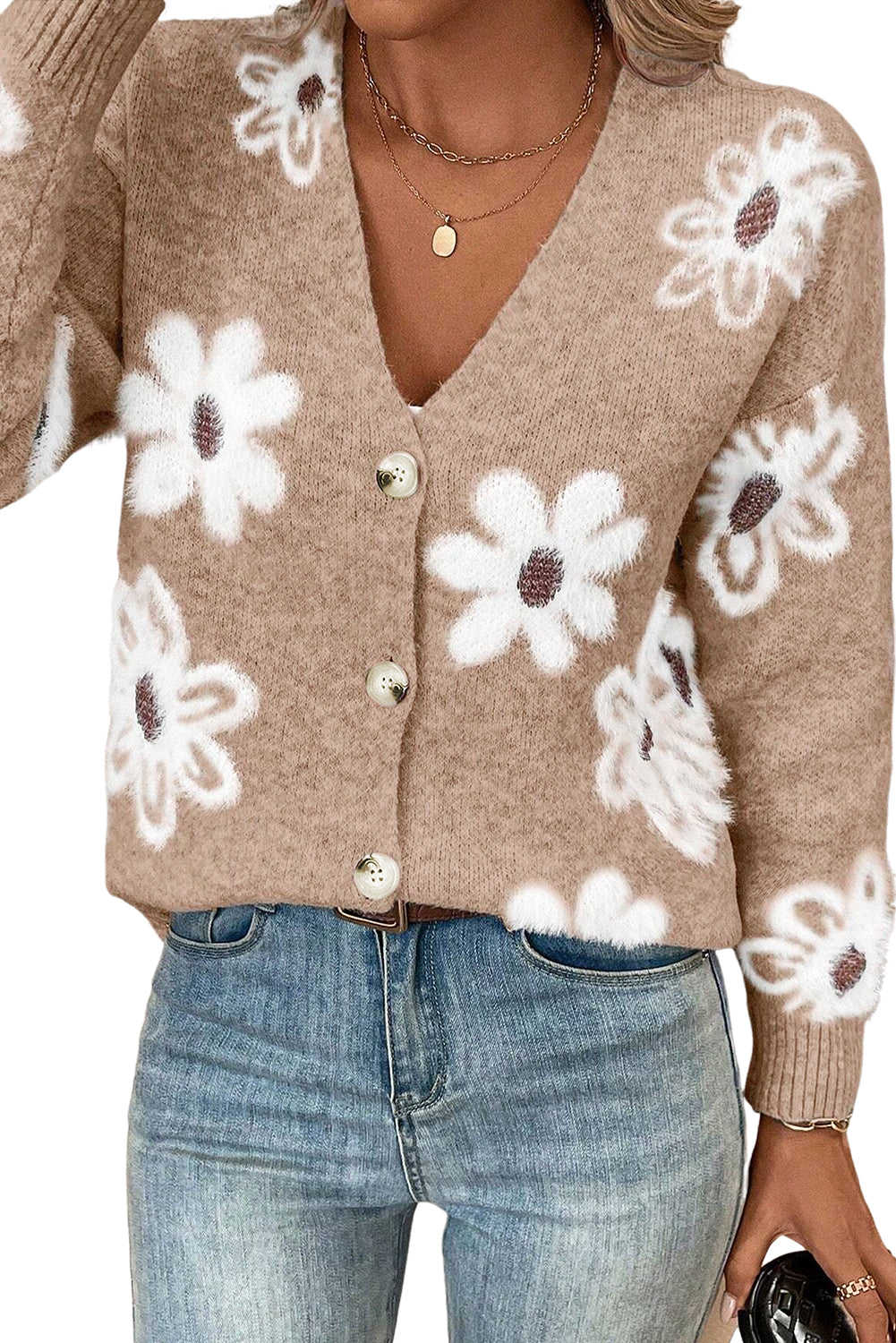 Floral Print V Neck Knitted Button Up Cardigan