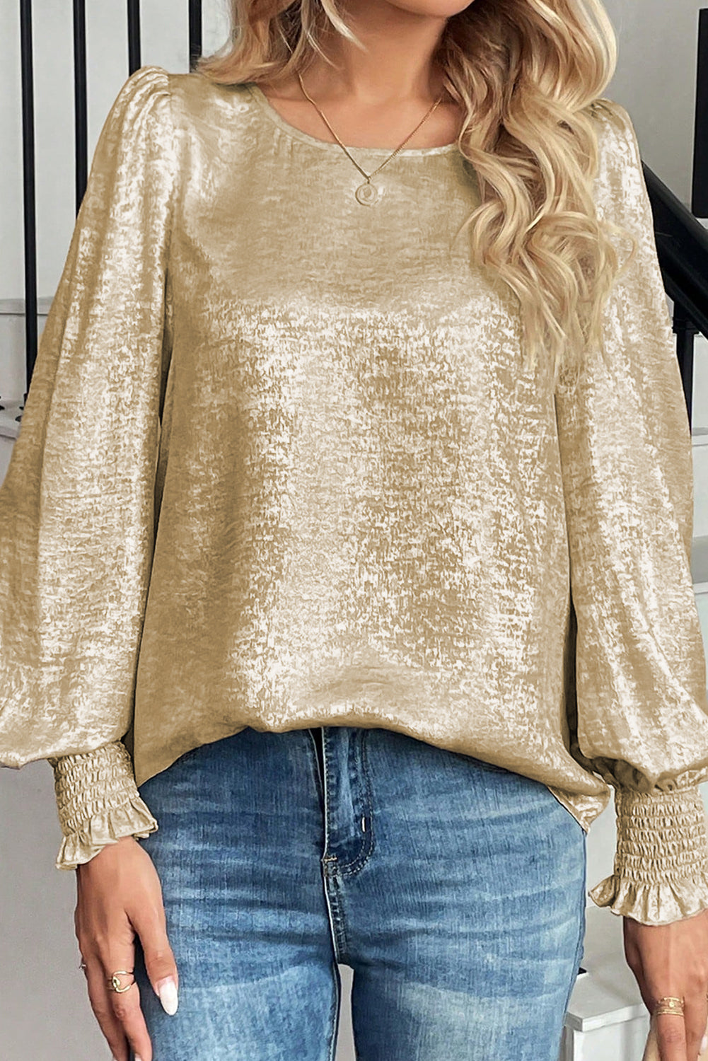 Apricot Metallic Round Neck Smocked Puff Sleeve Blouse