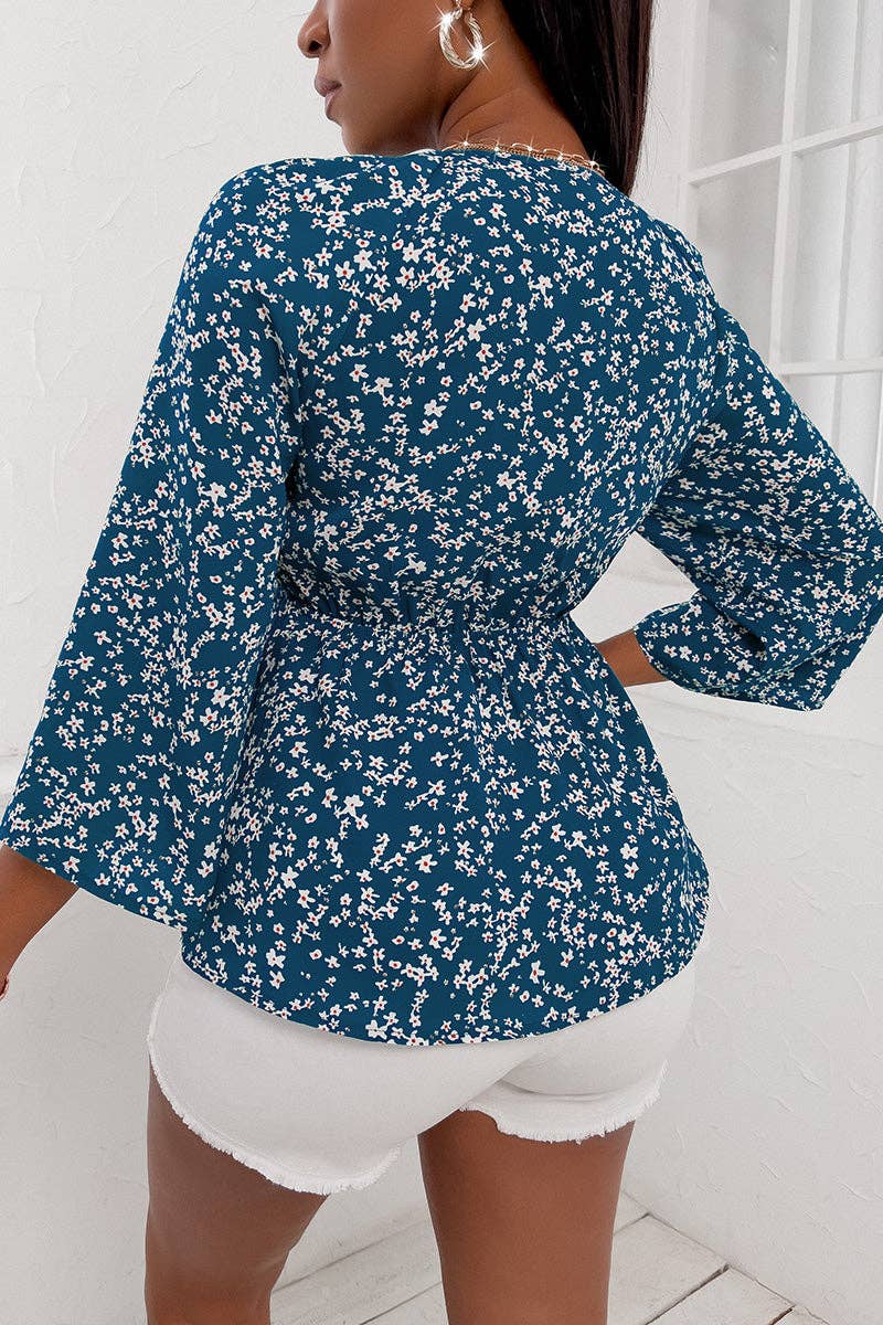 Floral Deep V Neck Long Sleeve Waist Tie Blouse