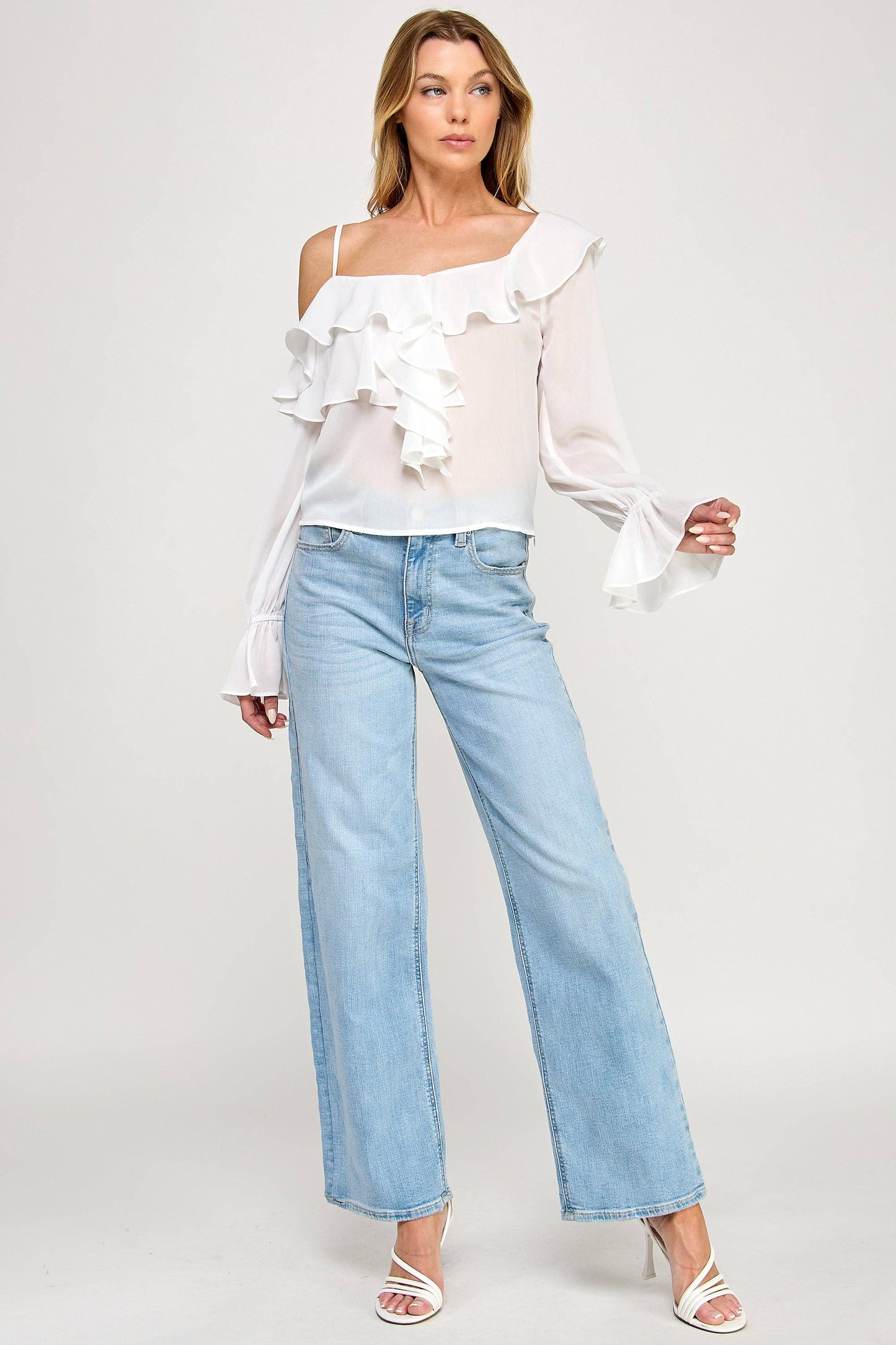 Ava Long Sleeve Top - Off Shoulder Ruffle Sheer