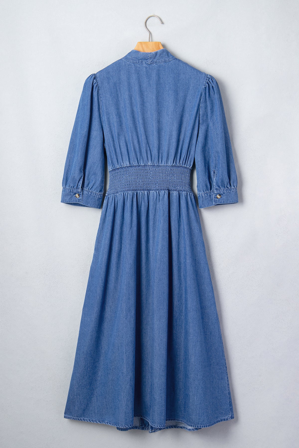 Blue V Neck Shirred Waist Metal Zipper Denim Midi Dress