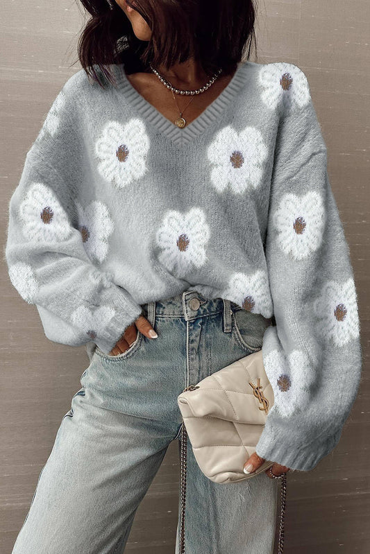 Gray Cute Flower Print V Neck Drop Shoulder Baggy Sweater