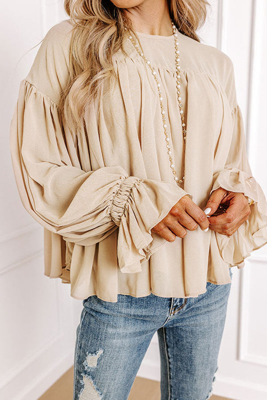 Parchment Pleated Ruffle Long Sleeve Chiffon Blouse