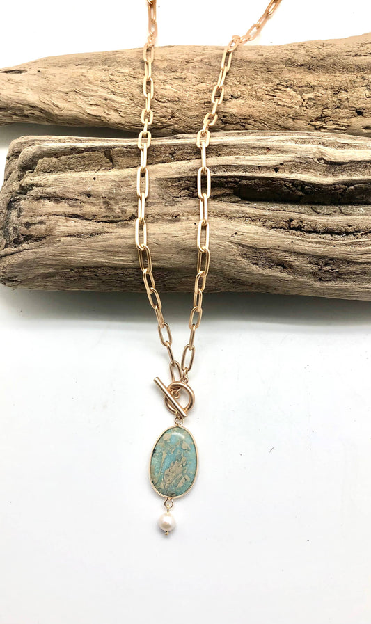 Gold PaperClip Jasperw/Freshwater Pearlw/Toggle33”