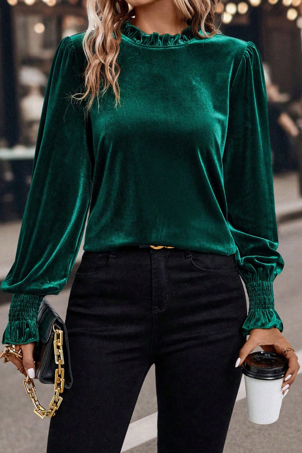 Frilled Collared Smocked Cuffs Puff Sleeve Velvet Blouse